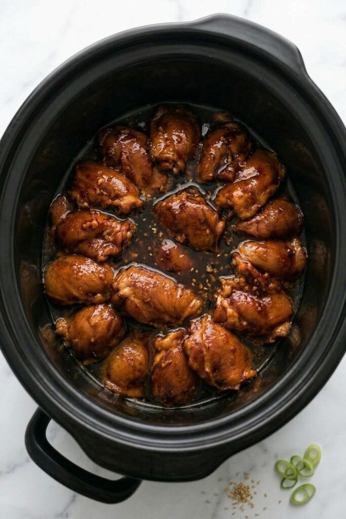 Cooked chicken thighs coated in a thick, highly glossy teriyaki glaze after the cornstarch slurry has activated and reduced the liquid.