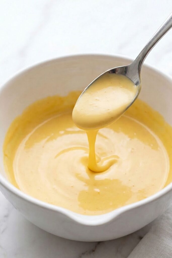 A metal spoon pulling up through a smooth, drizzly, pale orange low-calorie Yum Yum sauce.